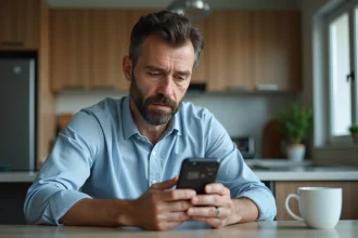 Homme d'âge moyen examine son smartphone à la cuisine