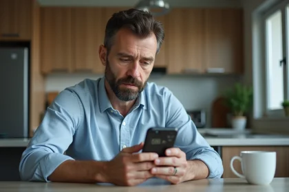Homme d'&acirc;ge moyen examine son smartphone &agrave; la cuisine