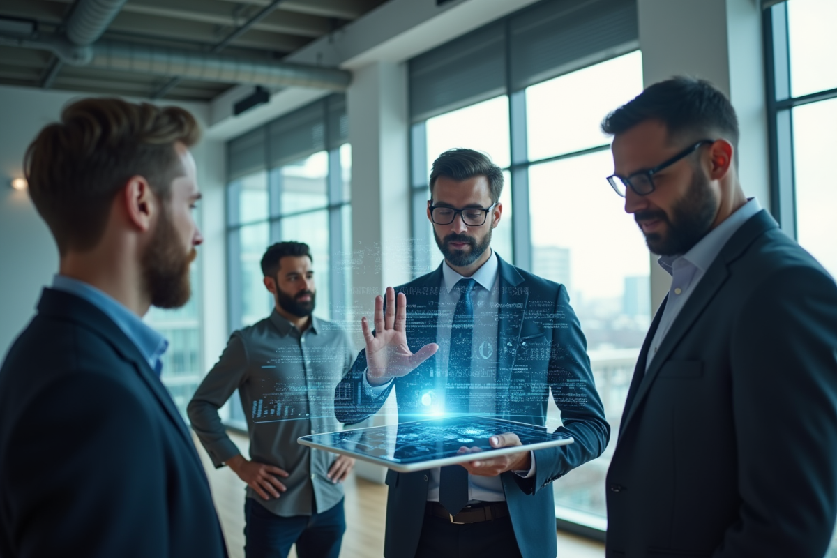 Homme utilisant une tablette holographique avec des erreurs en bureau lumineux
