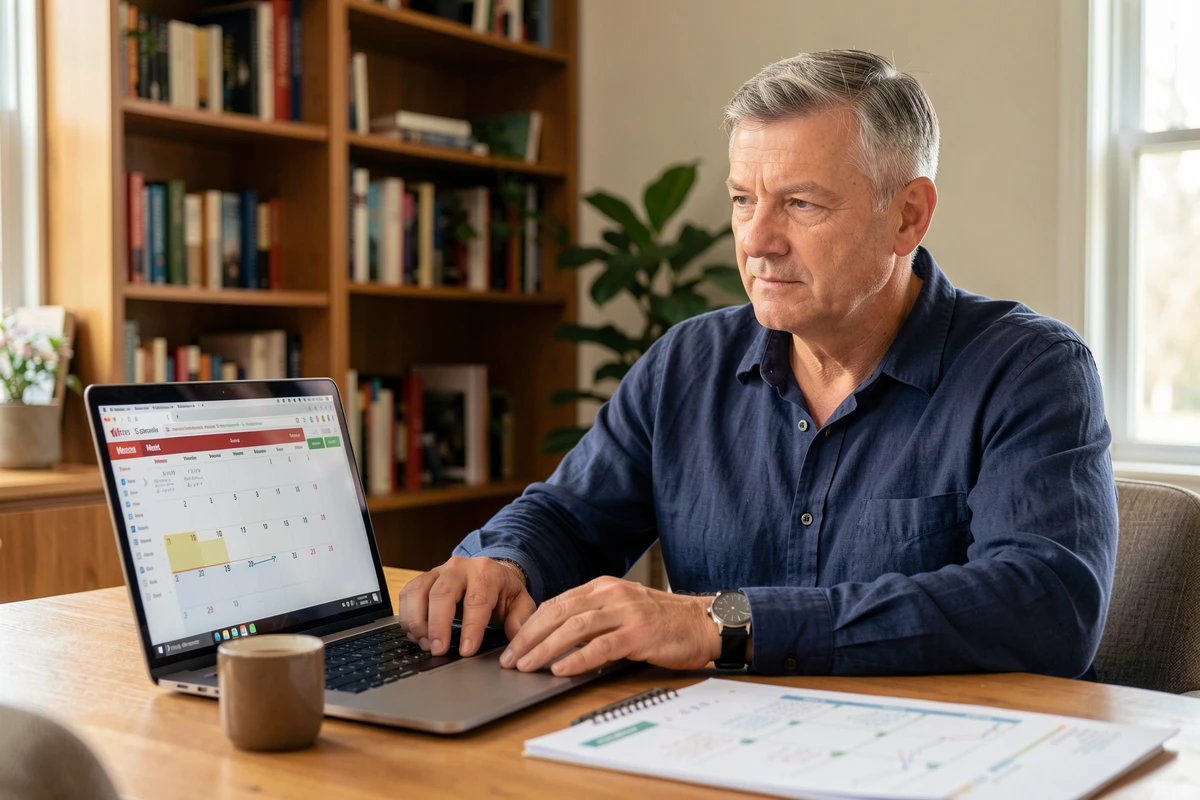 Homme en télétravail consultant un calendrier numérique avec numéros de semaines impaires sur son ordinateur portable pour planifier ses horaires 2026