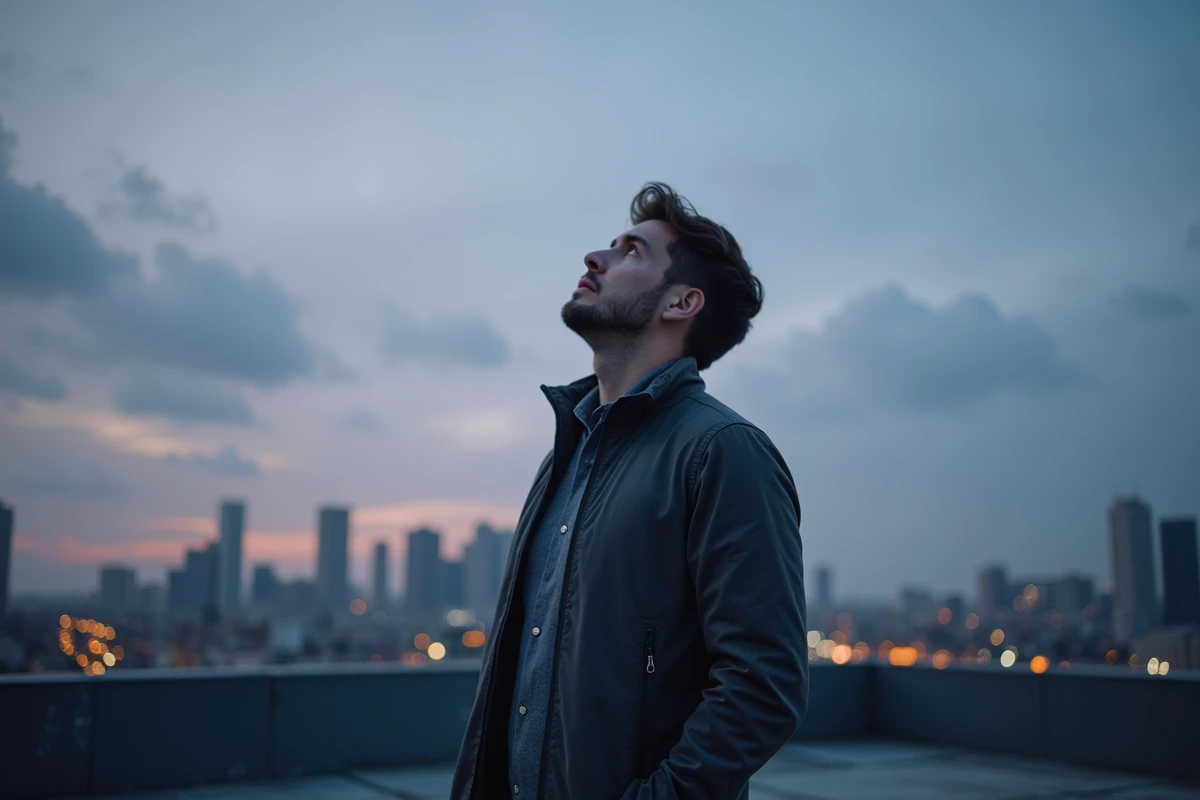 Homme songeur sur un toit urbain regardant le ciel au crépuscule, évoquant les messages de l'univers et la connexion spirituelle avec une personne absente