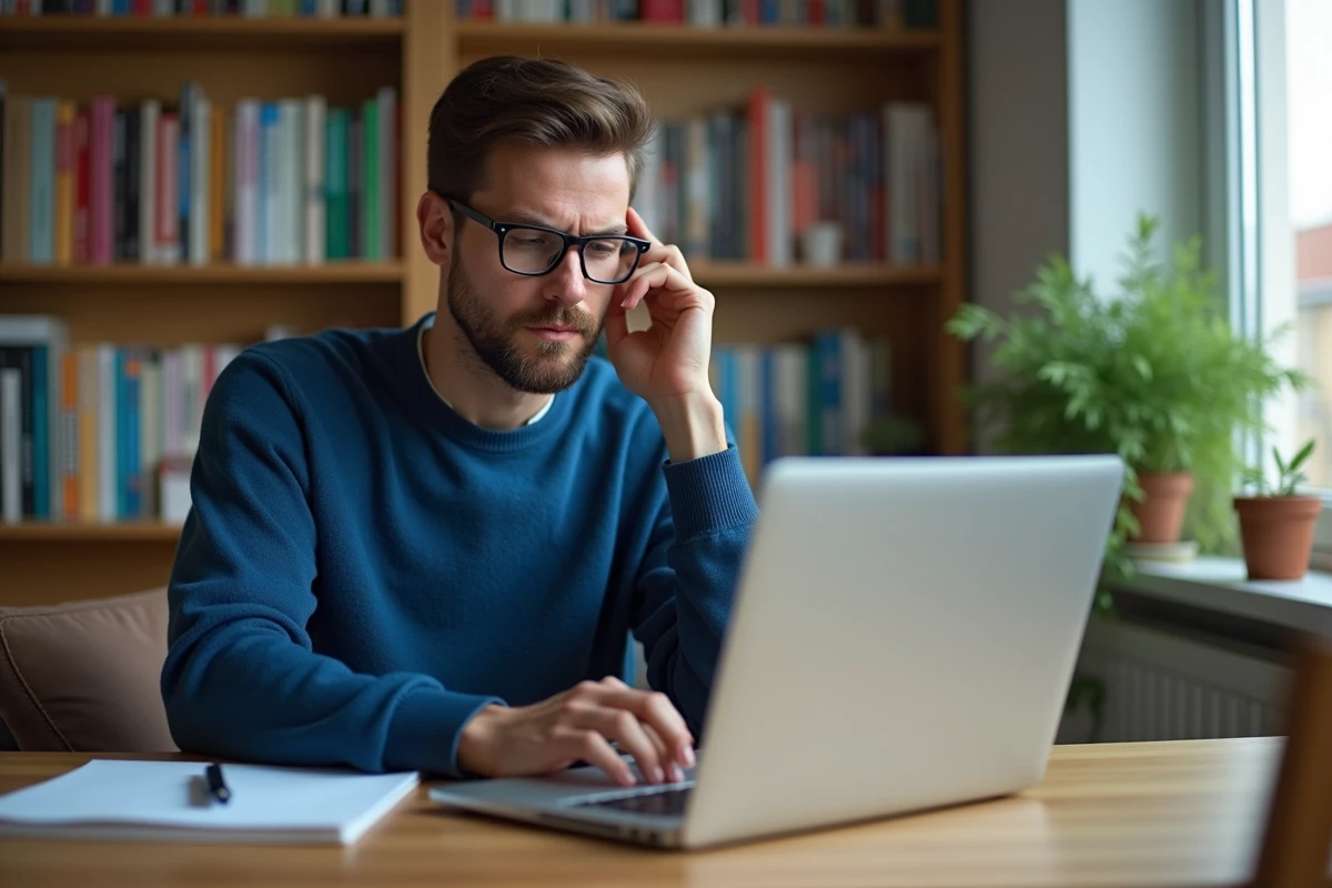 Homme concentré au bureau en train de résoudre un problème informatique