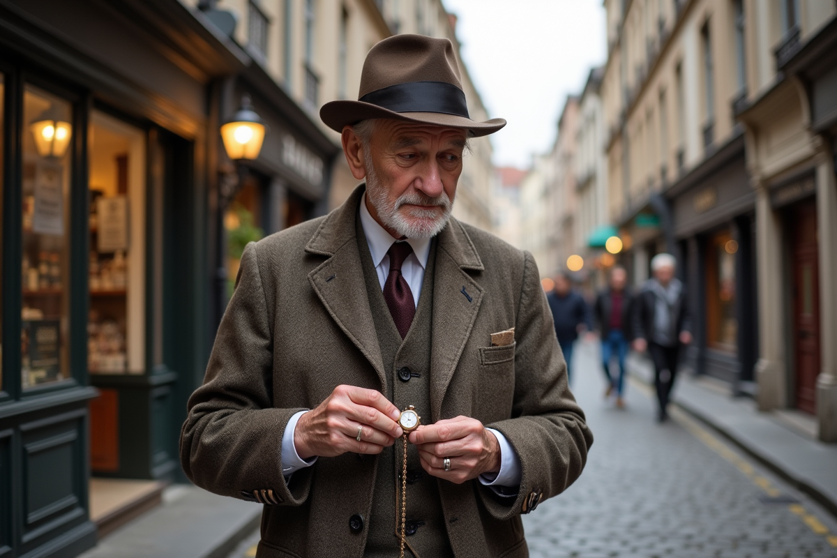 Homme âgé ajustant une montre dans une rue ancienne