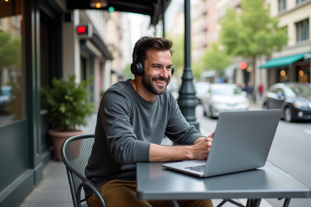 Homme en visioconference dans un café urbain
