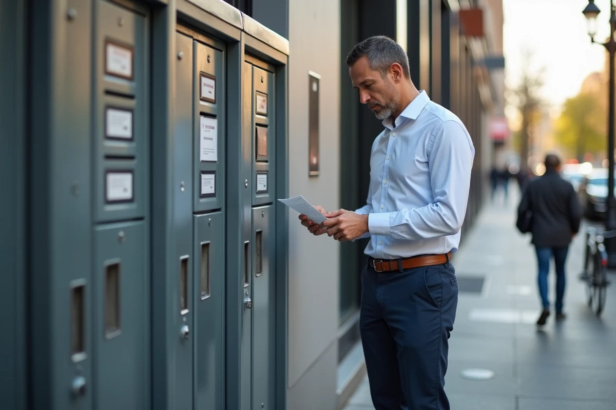 Homme vérifiant reçu devant casiers Vinted en ville