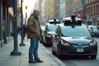Homme fâché près d'une voiture autonome en ville
