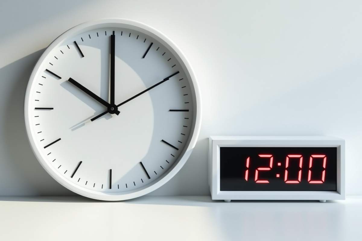 Horloge murale et minuteur digital affichant 2 heures