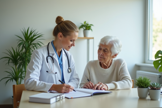 Infirmière professionnelle avec patient âgé dans un hôpital lumineux