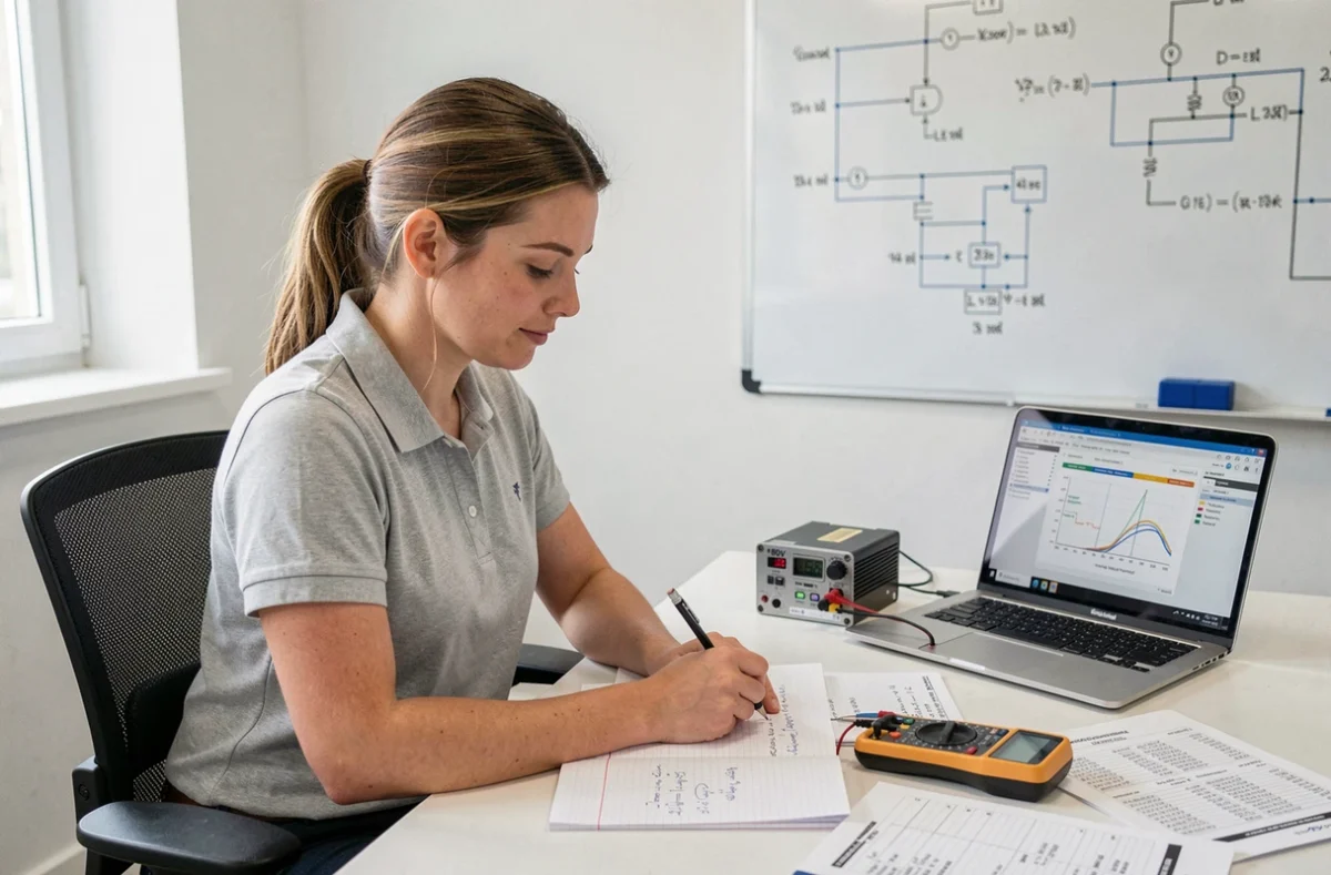 Ingénieure électricienne calculant la puissance et la section de câble pour un transformateur 380V 220V sur un bureau technique