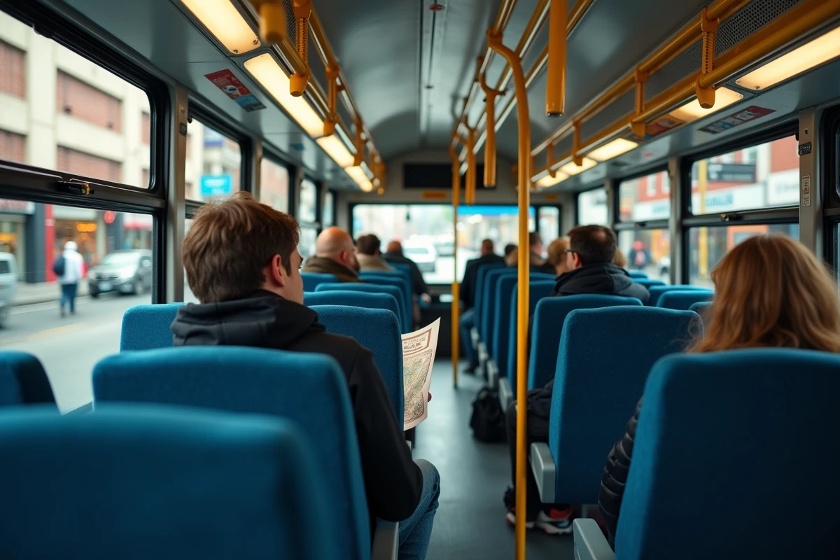 Intérieur du bus 92 avec des passagers assis consultant un plan de ligne