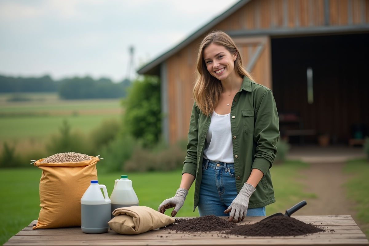 Jeune agronome montrant des outils et semences agricoles
