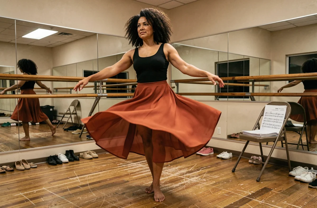 Danseuse latina en studio de répétition évoquant le parcours artistique et les influences musicales biographiques de Jennifer Lopez