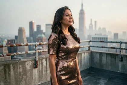 Femme latina élégante en robe dorée sur un rooftop new-yorkais, évoquant les origines et l'histoire personnelle de Jennifer Lopez