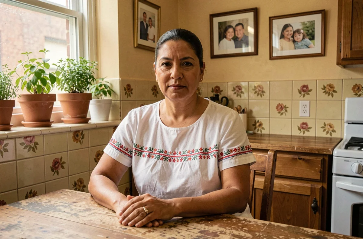 Femme latina en tenue traditionnelle dans une cuisine du Bronx, représentant les racines culturelles porto-ricaines qui inspirent les chansons de Jennifer Lopez