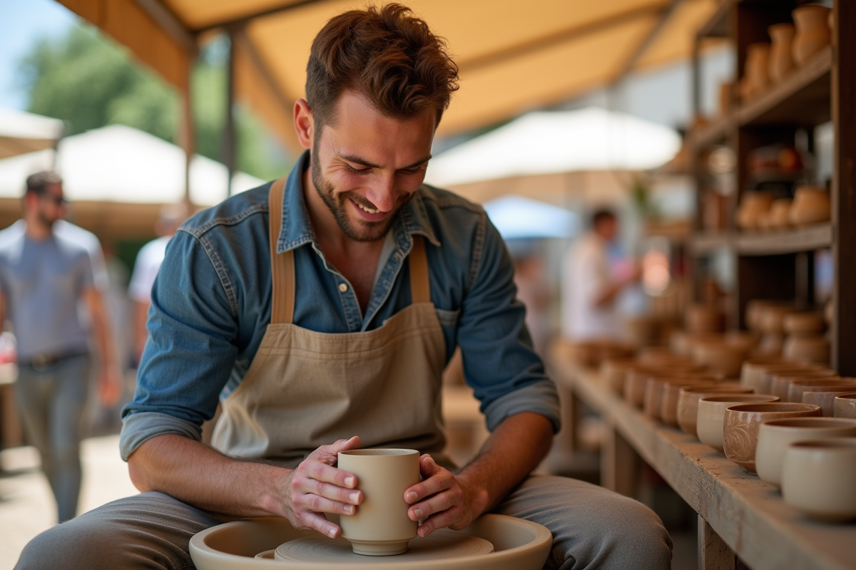 Jeune artisan façonnant une tasse en céramique en plein air