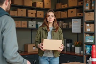 Jeune femme avec colis dans point relais de quartier