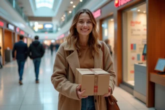 Jeune femme souriante avec colis dans un centre commercial