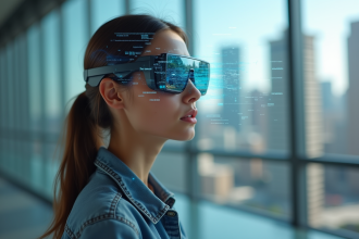 Jeune femme en ville avec lunettes intelligentes frustrée par des erreurs numériques