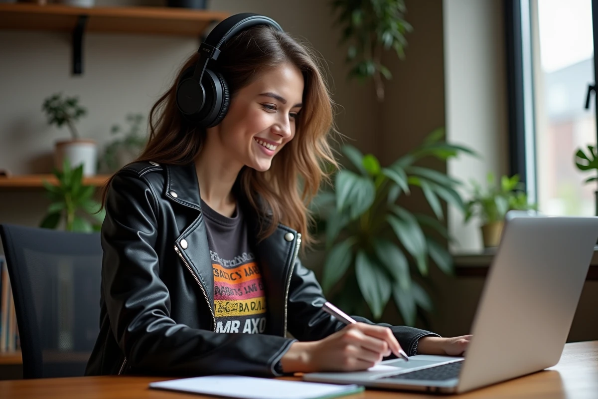 Jeune femme avec casque écoute radio rock dans son appartement