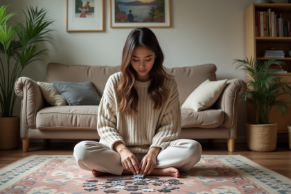 Jeune femme en loungewear assemble un puzzle dans un salon cosy