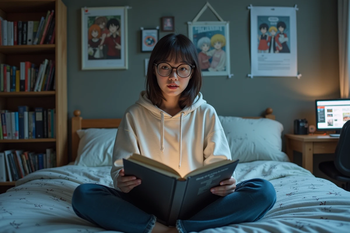 Jeune femme fan de One Piece réagissant avec stupeur à la lecture du chapitre 1143 du manga dans sa chambre