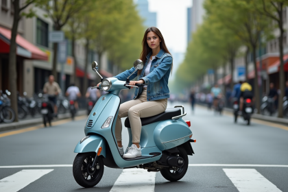 Jeune femme en denim sur scooter en ville dynamique