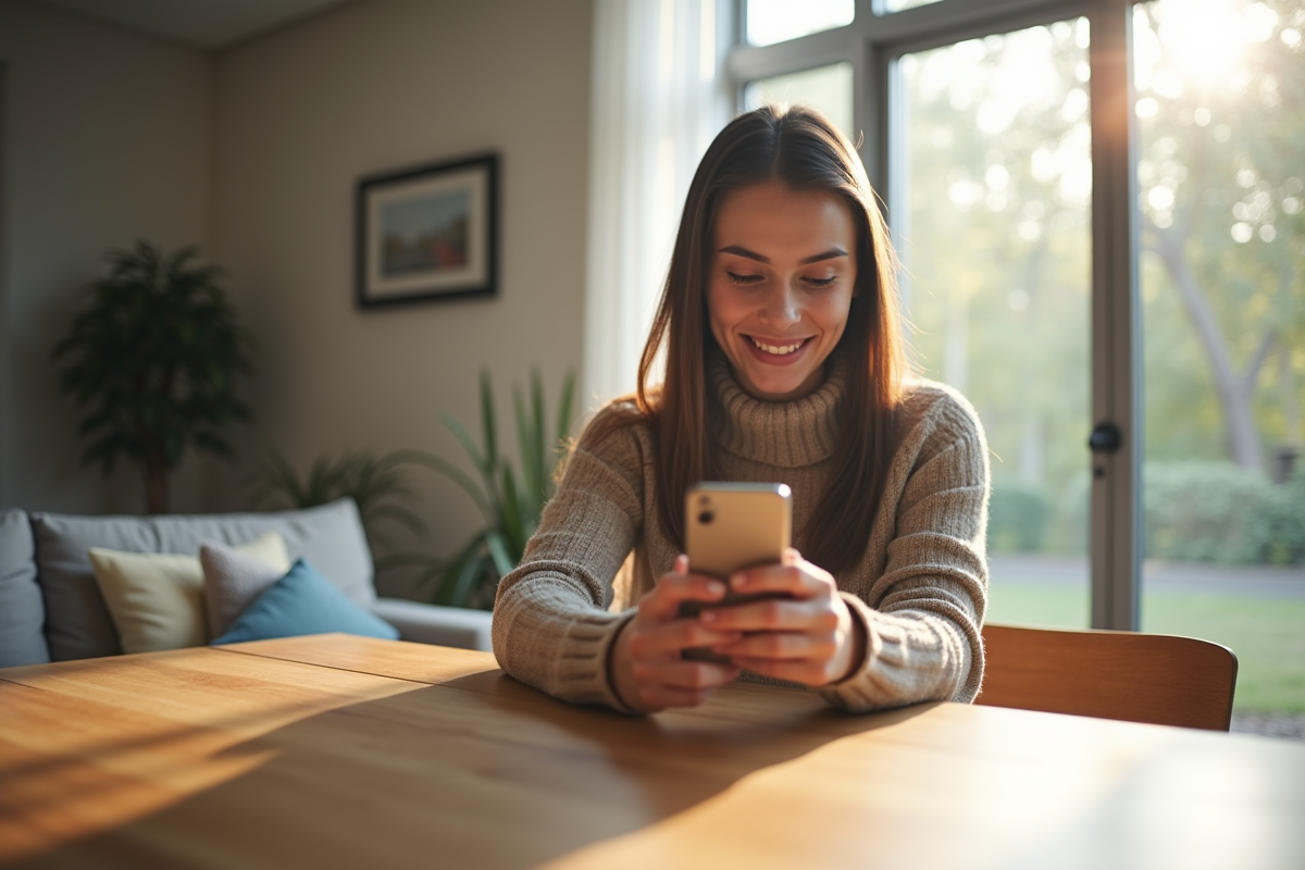 Jeune femme assise à une table en salon lumineux avec smartphone