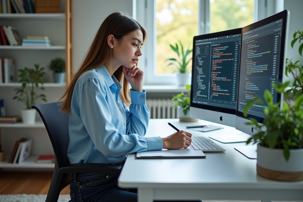 Jeune femme data scientist travaillant à son bureau à domicile