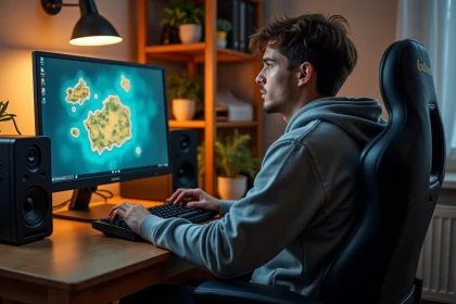 Jeune homme concentr&eacute; dans son espace gaming cosy