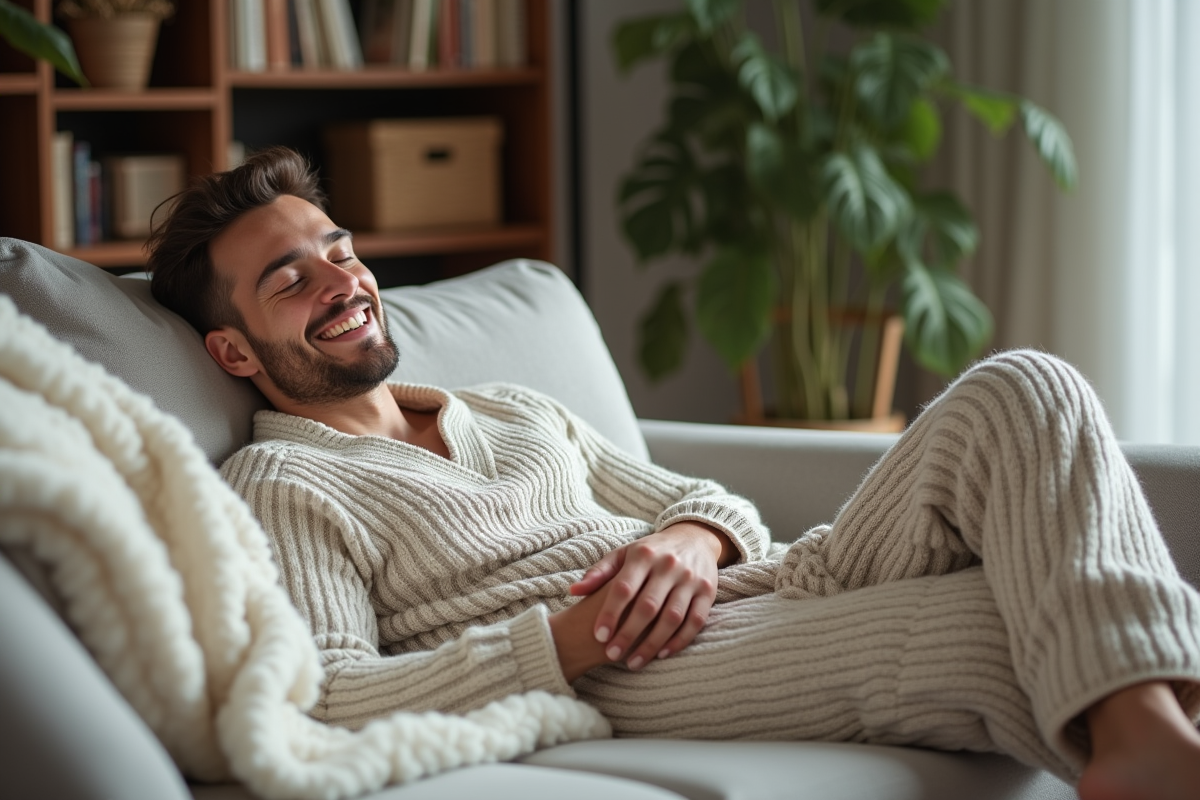 Jeune homme détendu dans un salon lumineux et minimaliste