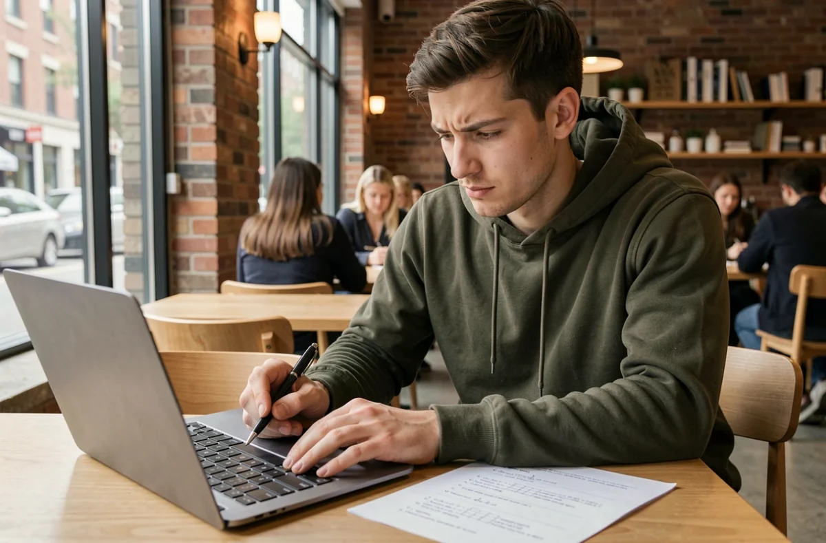 Jeune homme étudiant la grammaire française dans un café urbain moderne