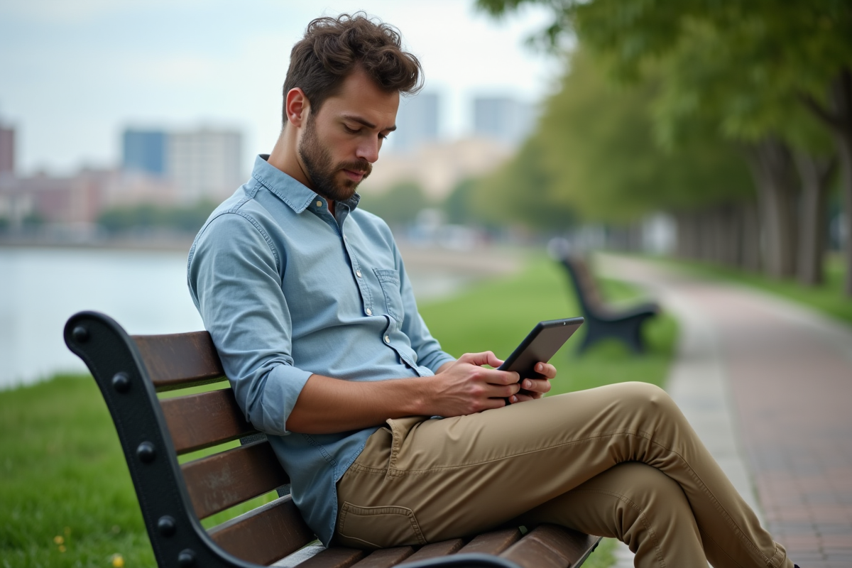 Jeune homme assis sur un banc dans un parc urbain avec vue sur la ville