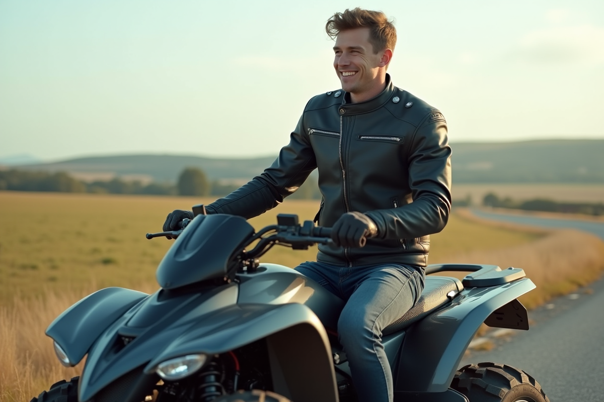 Jeune homme souriant sur quad en campagne
