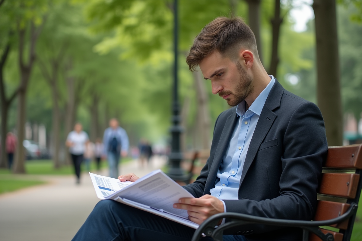 Jeune professionnel étudiant des brochures d