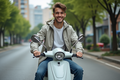 Jeune homme souriant sur un scooter en ville