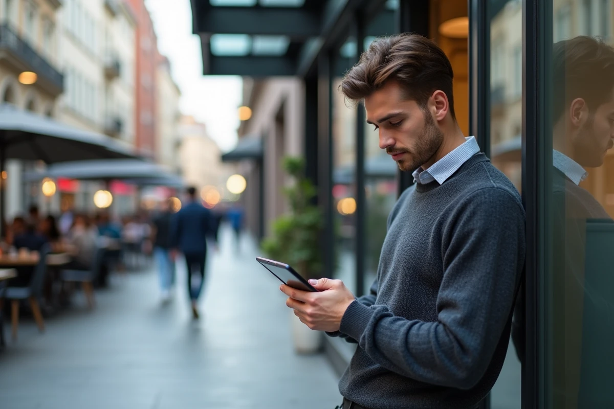 Jeune homme en ville regardant une tablette dans un décor urbain