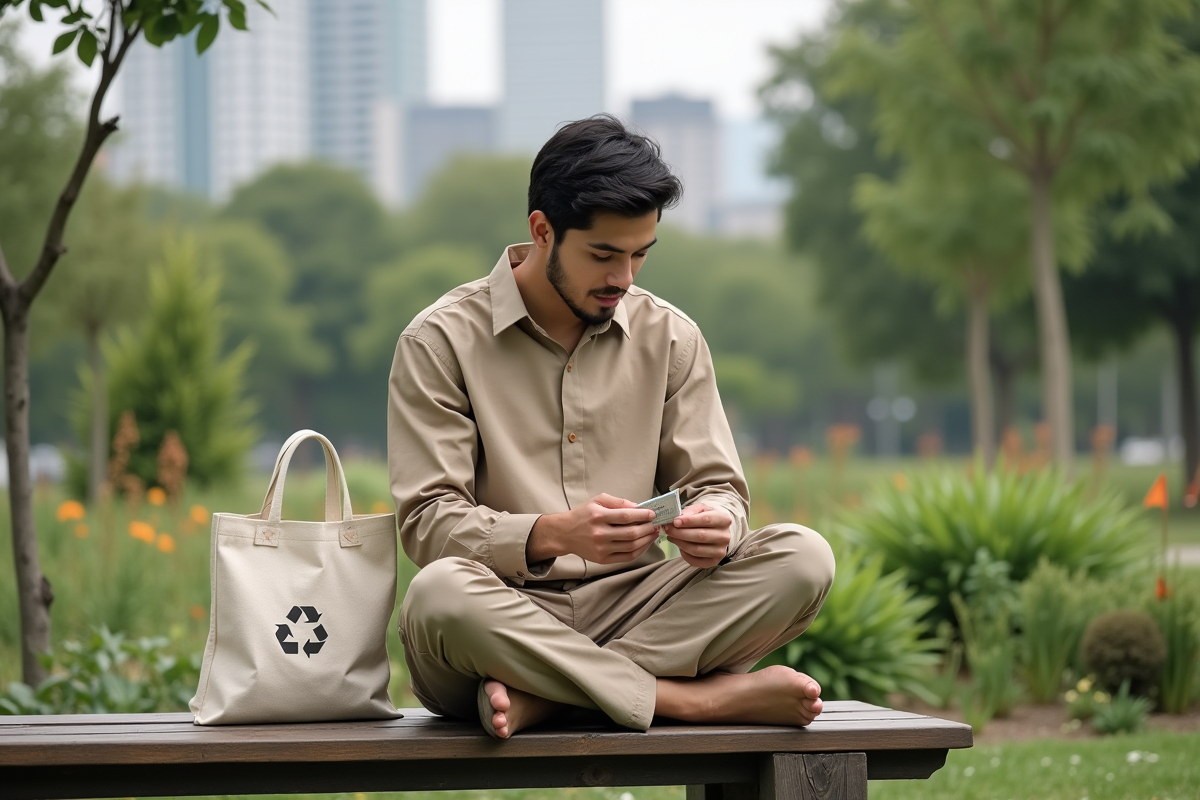 Jeune homme lisant une étiquette de vêtement dans un parc urbain