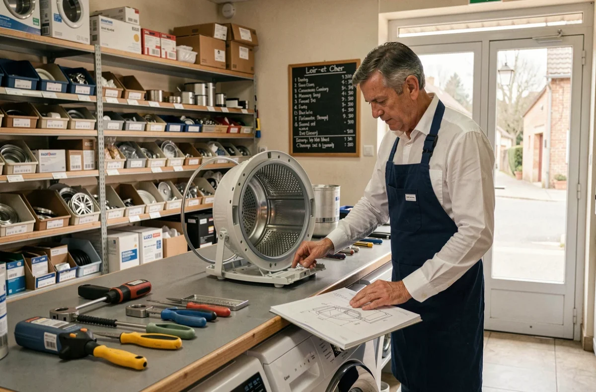 Technicien de Lecomte Électroménager dans son atelier du Loir-et-Cher, examinant un tambour de lave-linge