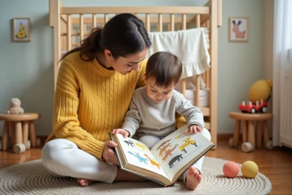 Jeune femme et tout-petit lisant ensemble un livre illustré de comptines sur un tapis en laine dans une chambre d'enfant pastel