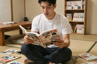 Jeune homme lisant un manga japonais assis sur le sol dans un appartement style japonais, entouré de volumes de mangas