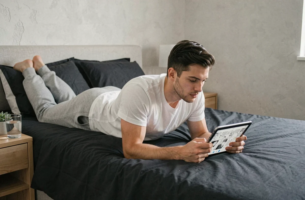Jeune homme lisant des scans manga sur tablette allongé sur son lit dans une chambre minimaliste