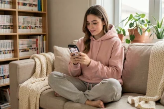 Jeune femme lisant un scan manga yaoi sur smartphone confortablement installée dans son salon