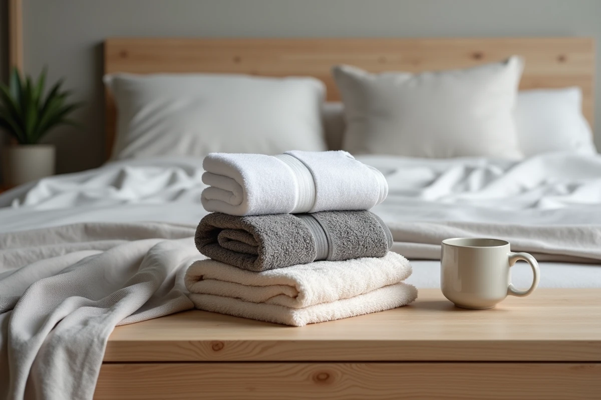 Tas de serviettes blanches grises et beiges sur un banc en bois