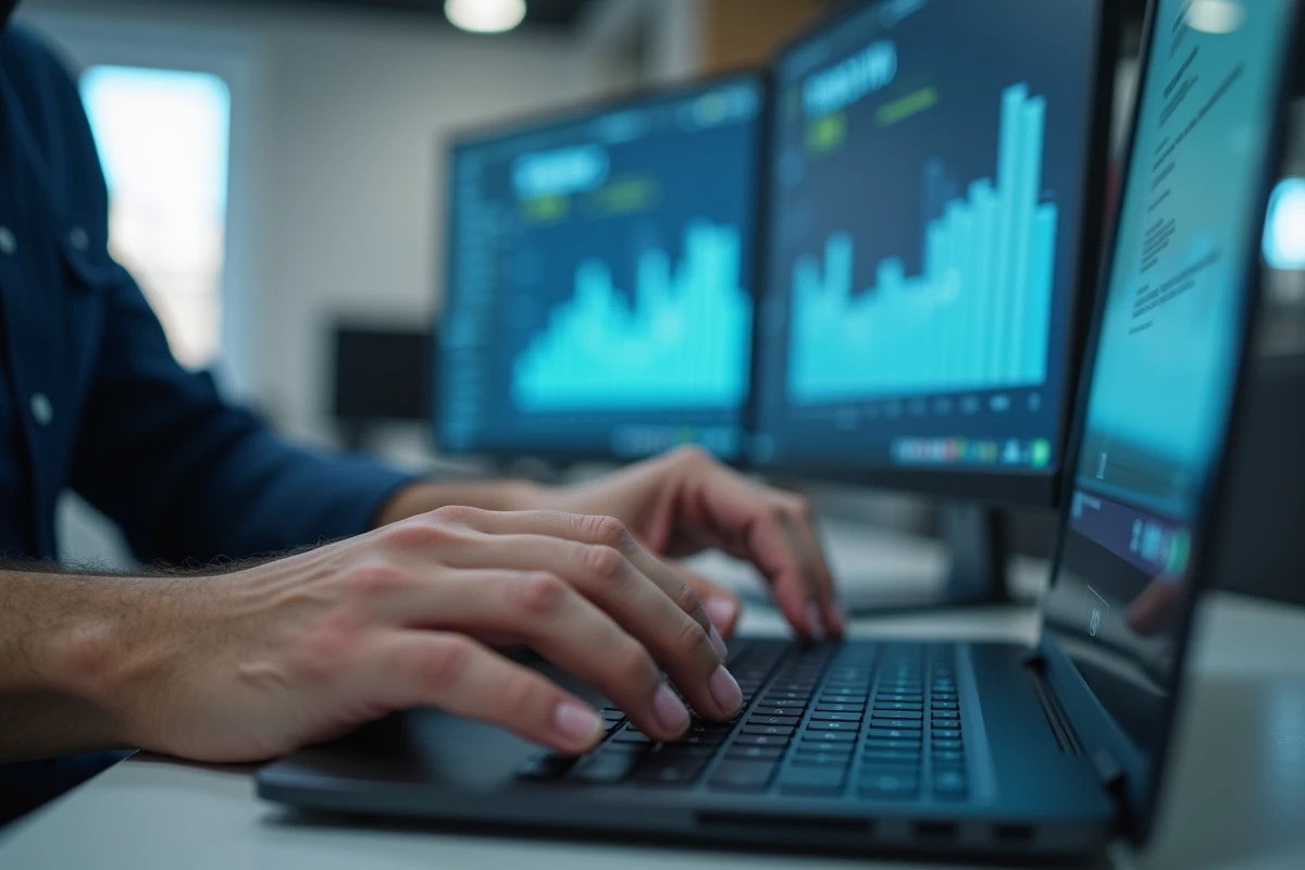 Gros plan de mains sur un clavier effectuant une recherche croisée entre annuaire inversé et réseaux sociaux sur un poste informatique