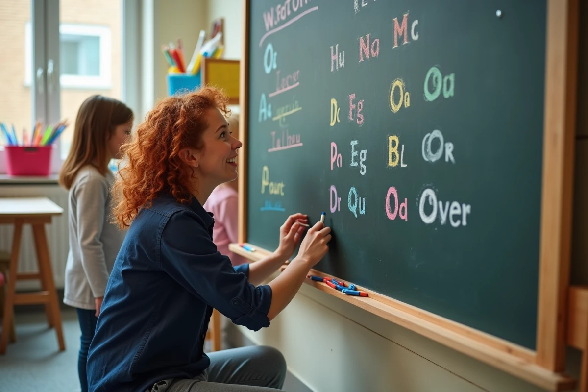 Enseignante de maternelle écrivant des mots rimant en O sur un tableau noir coloré devant des enfants attentifs en classe