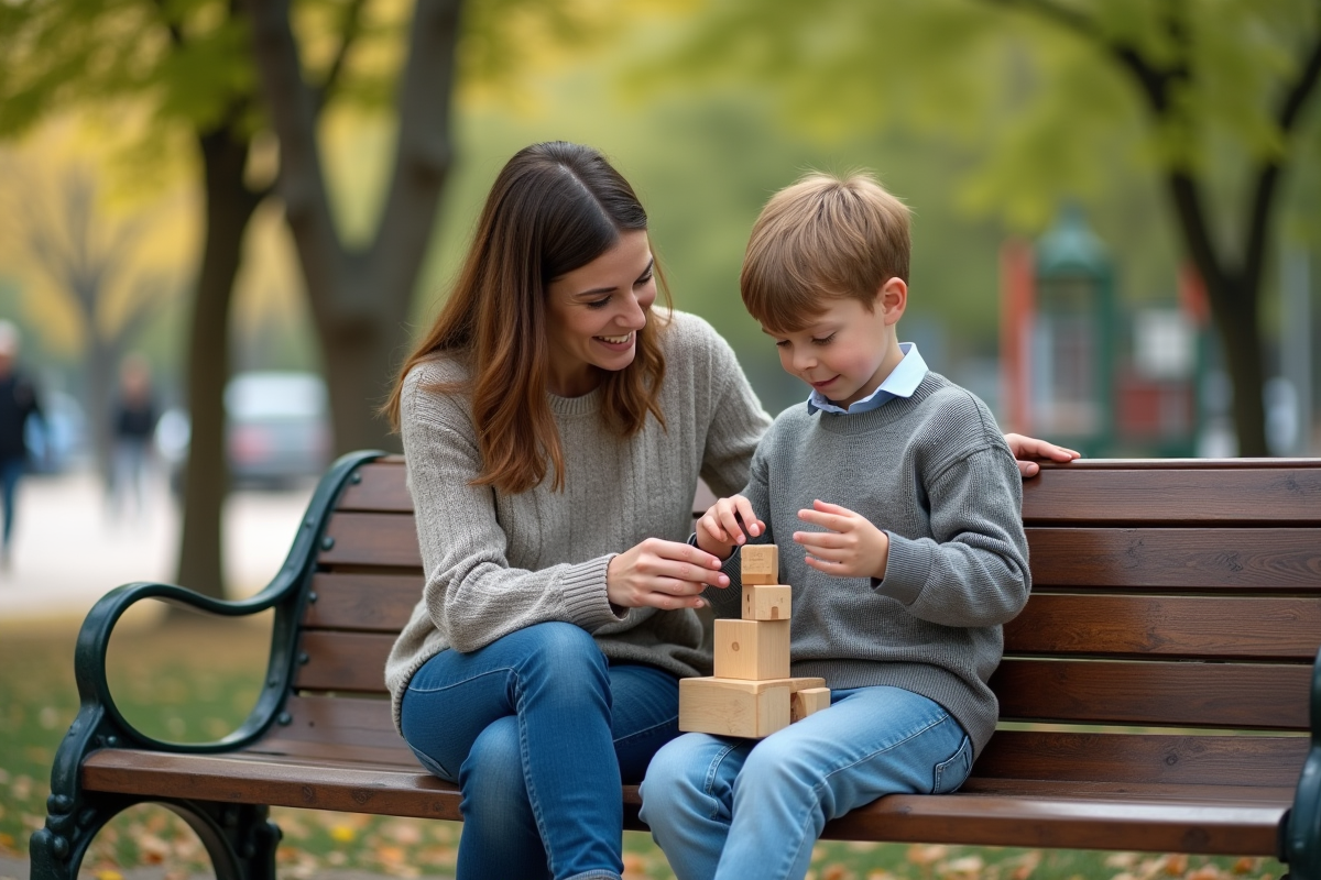 Maman et son fils jouant avec des figurines dans un parc urbain