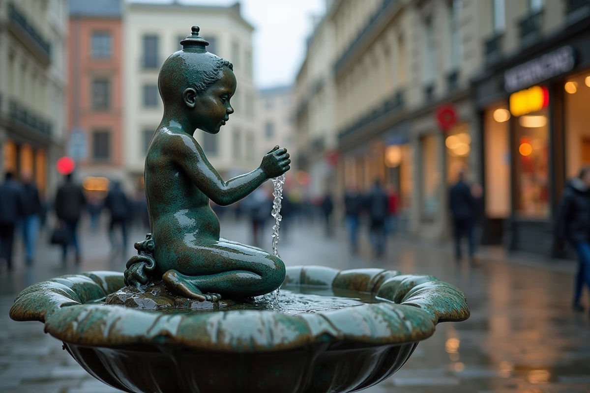 Gros plan sur la statue en bronze du Manneken Pis révélant la patine et les détails sculptés de la fontaine baroque