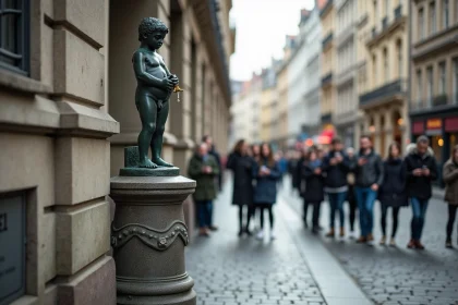 La statue du Manneken Pis sur son piédestal à Bruxelles entourée de touristes dans la rue de l'Étuve