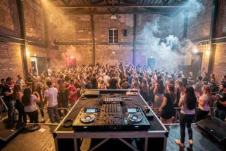 Vue panoramique d'une soirée DJ en Centre-Val de Loire avec une foule sur la piste de danse et un DJ en action sur scène