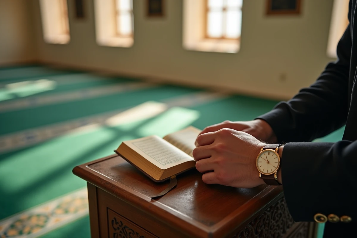 Montre analogique et Coran sur une table de prière, symbolisant l'importance de l'heure de prière à la mosquée